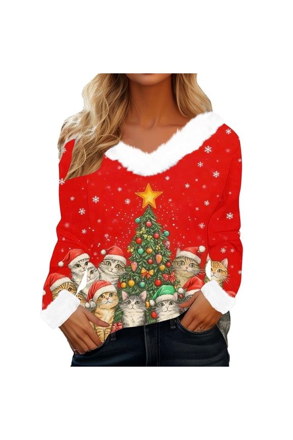Christmas Womens T Shirts Ladies' Loose and Casual Christmas Tree Printed Patchwork V-neck Long Sleeved Top Multicolor XL