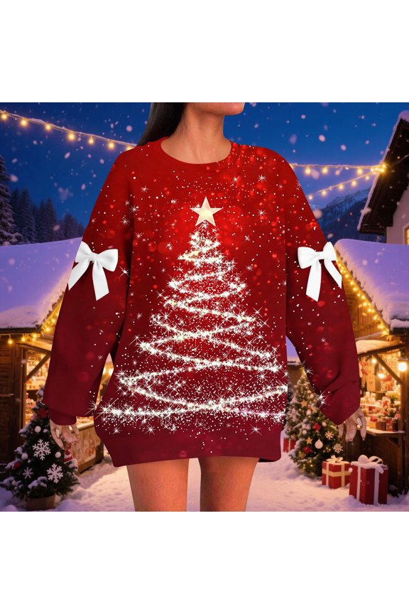 Christmas Womens T Shirts Women's Fashionable and Christmas Comfortable Holiday Style Real Bow Loose ShoulderRegular Solid Color Top Red S