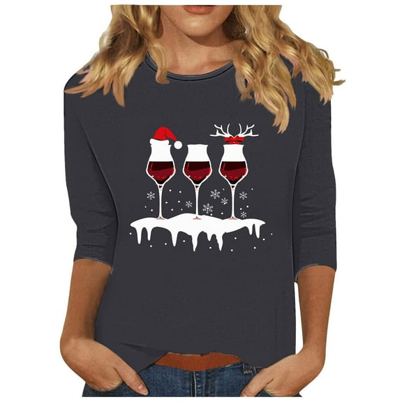asdoklhq Christmas Womens Tops Fashion Women's Comfortable Round-Neck 3/4 Sleeve Print Casual T-shirt Blouse Dark Gray S