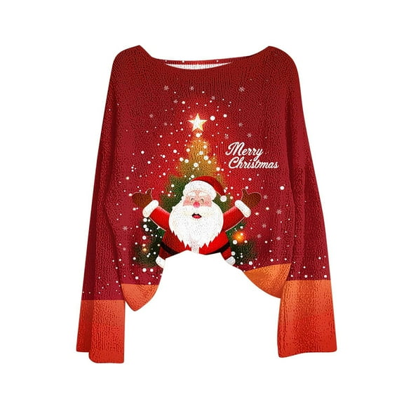 asdoklhq Christmas Womens Turtleneck Tops Women's Christmas Printed Casual Crew Neck Long Sleeve Pullover Sweater Knitted Pullover Top Orange L