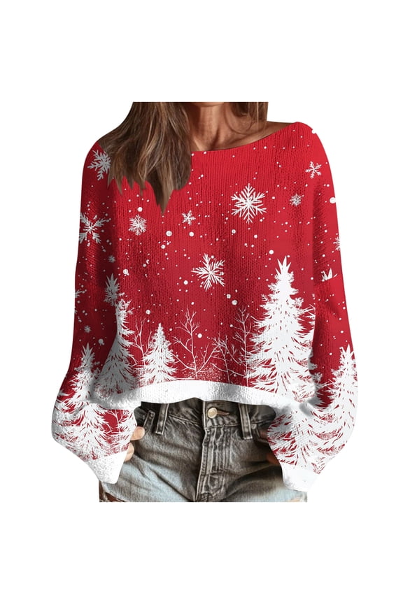 Christmas Womens Winter Tops Women's Christmas Printed Casual Round Neck Long Sleeve Pullover Sweater Knit Pullover 2025 Fall Fashion Graphic Crochet Tops Hippie Clothes Multicolor 2X