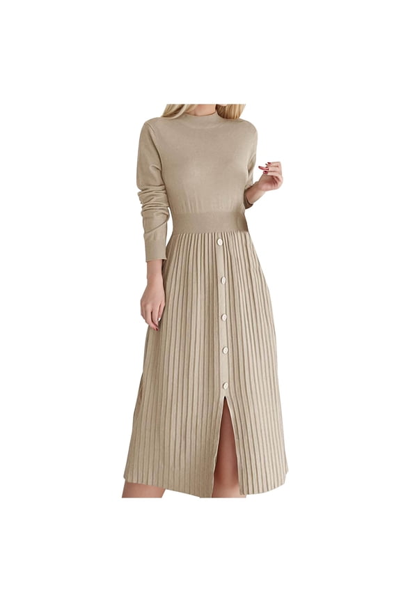 Church Dresses for Women Casual Temperament French Slit Mid-length Round Neck Knitted Dress Beige S