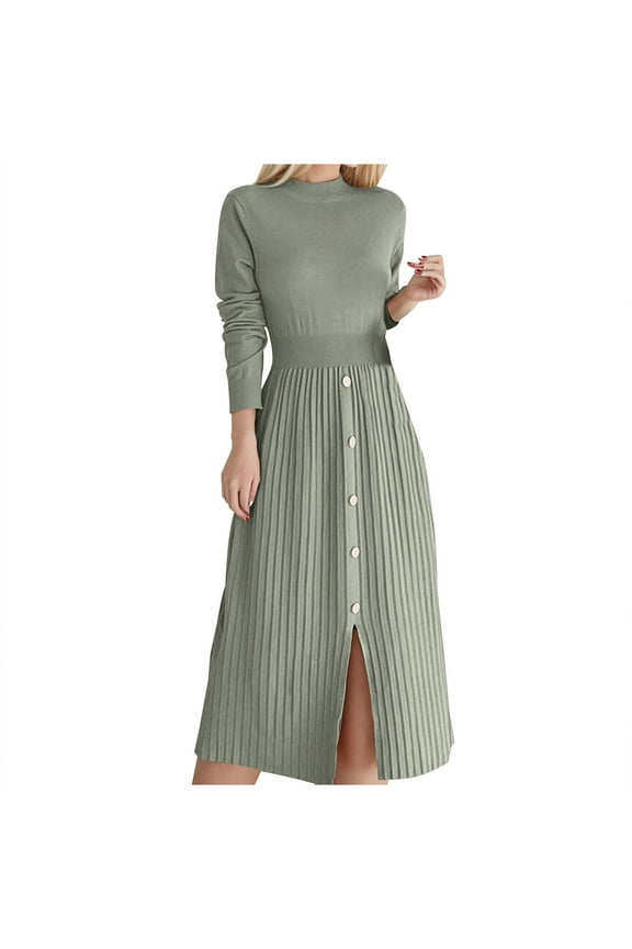 Church Dresses for Women Casual Temperament French Slit Mid-length Round Neck Knitted Dress Green L