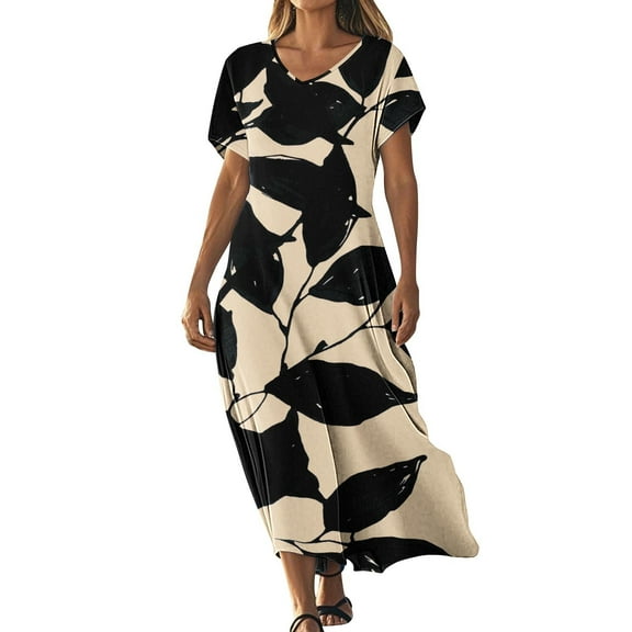 asdoklhq Church Dresses for Women Fashionable Printed Short Sleeved V-neck Dress Long Skirt Beige M