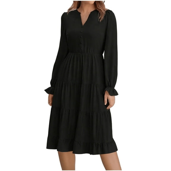 asdoklhq Church Dresses for Women Ladies' Elegant Long Sleeved Pleated Layered Casual Dress Long Sleeved Round Neck Mid Calf Dress Black 2X