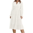 thumbnail image 1 of asdoklhq Church Dresses for Women Ladies' Elegant Long Sleeved Pleated Layered Casual Dress Long Sleeved Round Neck Mid Calf Dress White 2X, 1 of 7
