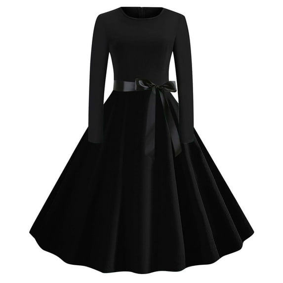 asdoklhq Church Dresses for Women Printed Lace Up Style Zipper Long Sleeved Round Neck Dress Black 2X