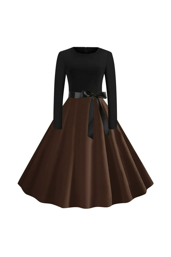 Church Dresses for Women Printed Lace Up Style Zipper Long Sleeved Round Neck Dress Brown XL