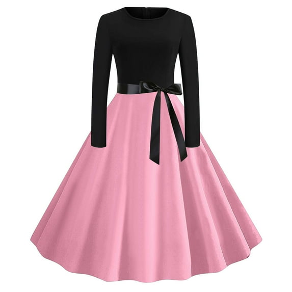 asdoklhq Church Dresses for Women Printed Lace Up Style Zipper Long Sleeved Round Neck Dress Pink L