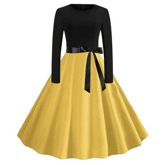 asdoklhq Church Dresses for Women Printed Lace Up Style Zipper Long Sleeved Round Neck Dress Yellow S