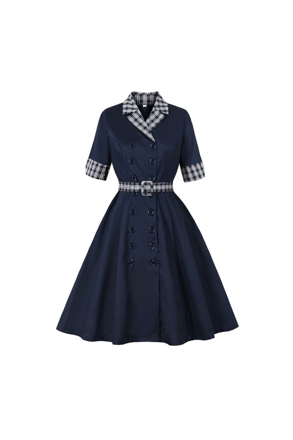 Church Dresses for Women Short Sleeve Ladies' Vintage Short-sleeved Turtleneck Dress for Winter Navy 2X