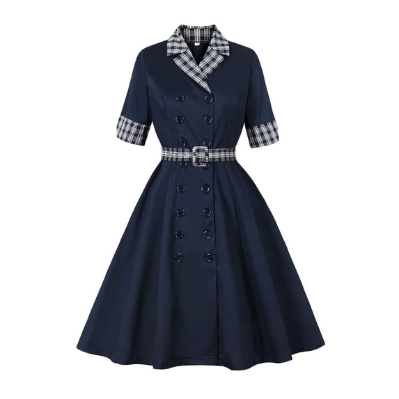 asdoklhq Church Dresses for Women Short Sleeve Ladies' Vintage Short-sleeved Turtleneck Dress for Winter Navy S