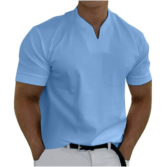 asdoklhq Clearance, 2023 Summer Fall Mens Tops Clearance under $5 Men Casual Solid with Pockets Sports Short-sleeved V-neck Fitness Training Clothes T-Shirt Top,Light Blue S