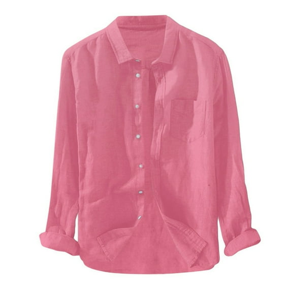 asdoklhq Clearance, 2025 Summer Fall Mens Tops Clearance under $5 Men's Solid Cotton Linen Shirt Hawaiian Long Sleeve Neck Shirt Beach Casual Top/shirt Blouse,Pink XXXL
