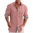 thumbnail image 1 of asdoklhq Clearance, 2025 Summer Fall Mens Tops Clearance under $5 Men Casual Solid Cotton and Linen Tie Pocket Plaid Patchwork Turndown Long Sleeve Button Shirt,Pink XXXL, 1 of 9