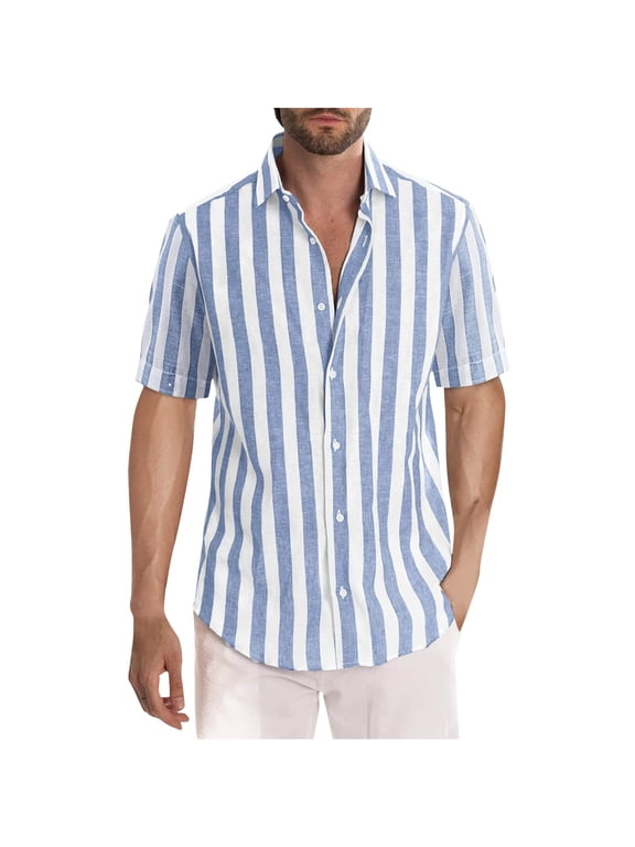 , 2026 Summer Fall Mens Tops under $5 Men's Striped Shirt Hawaii Slim Fit Short Sleeve Shirt Beach Holiday Shirt Top/shirt Blouse,Blue M
