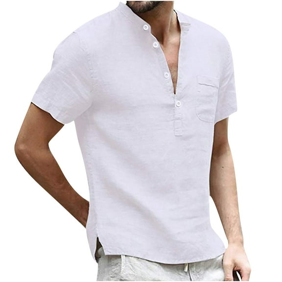 asdoklhq, 2026 Summer Fall Mens Tops under $5 Short Sleeve Shirt Men Summer Casual Fashion Linen T-Shirt Men's Retro Stand-Up,White XL