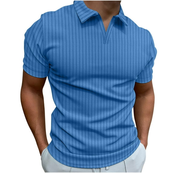 asdoklhq Clearance, 2025 Summer Fall Mens Tops Clearance under $5 Men Casual Solid Turndown Pullover Stripe High Elastic Short Sleeve Blouse,Blue M