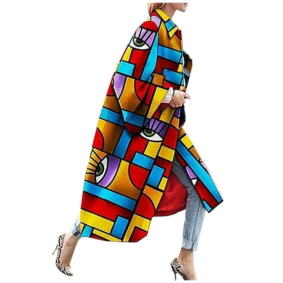 asdoklhq Clearance Coats Under $10.00 Plus Size, Women Printed Pocket Jacket Outerwear Cardigan Overcoat Long Trench Coat