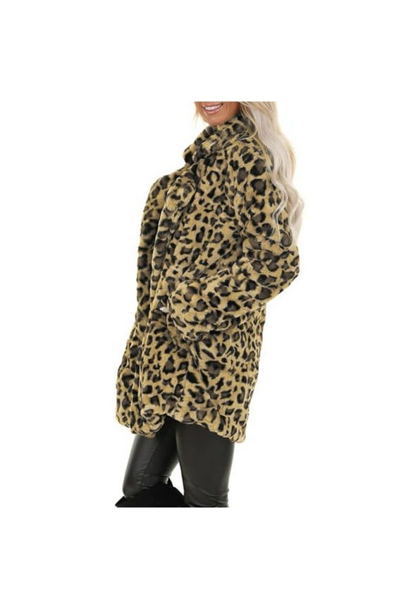 Clearance Coats Under $10.00 Plus Size,Women's Leopard Faux F Pocket Fuzzy Warm Winter Oversized Outwear Long Coat