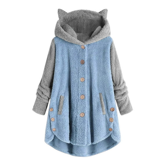 asdoklhq Clearance Coats for Women Plus Size Women Button Coat Patchworl Tops Hooded Pullover Loose Sweater Blouse Plus Size