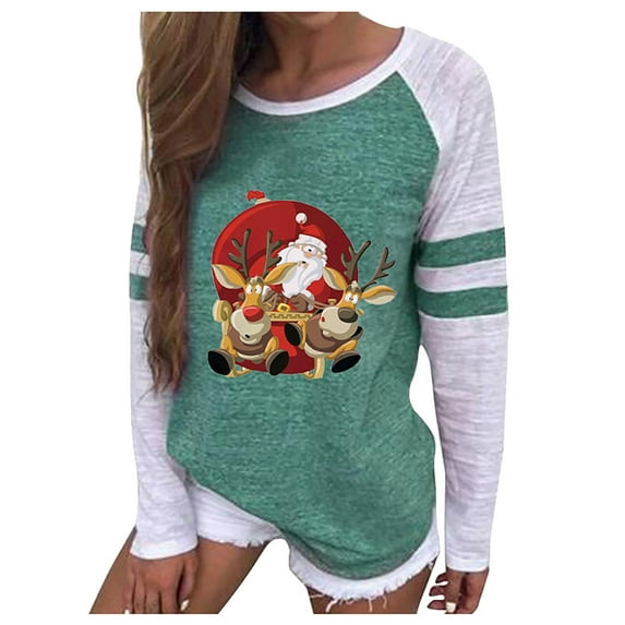 asdoklhq Clearance Plus Size Christmas Clothing,Women Casual Santa Claus Print Long Sleeve O-neck Christmas Tops Blouse