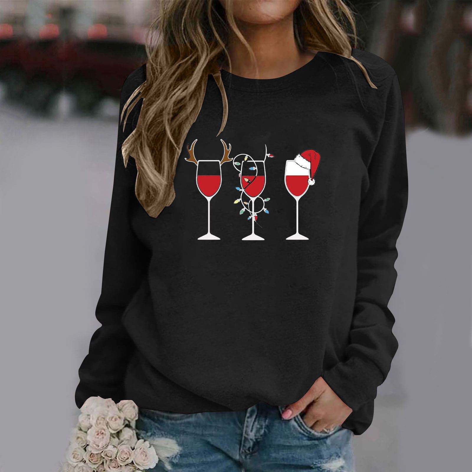 V-Neck Loose-Fitting Christmas Wine Glass Print Top