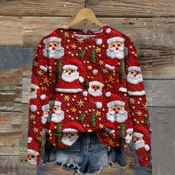 asdoklhq Clearance Plus Size Christmas Clothing,Women's Christmas Printed Round Neck Long Sleeved Top Loose Fitting Sweater