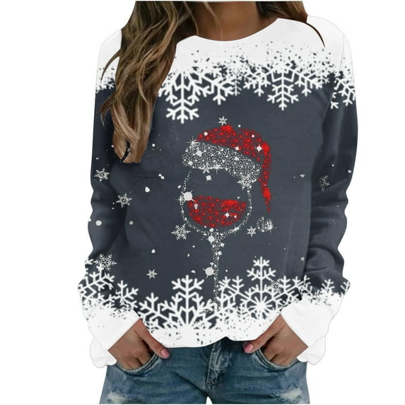 asdoklhq Clearance Plus Size Christmas Clothing,Women's Fashion Printed Loose T-Shirt Long Sleeves Blouse Round Neck Casual Tops