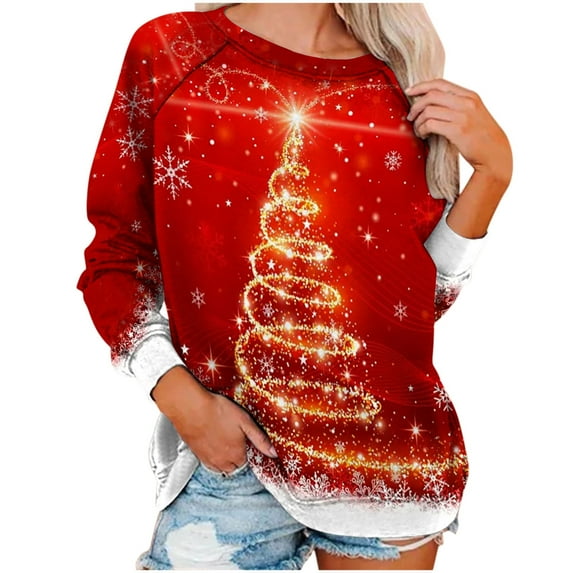 asdoklhq Clearance Plus Size Christmas Clothing,Women's Tops Christmas Print Round Neck Sweater Loose Blouse Hoodless Sweatshirt