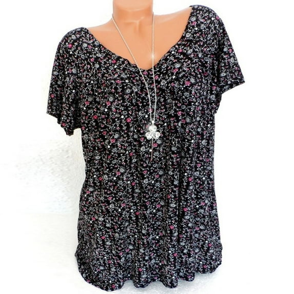 asdoklhq Clearance Womens Tops,Women Plus Size Short Sleeves V-Neck Print Blouse Pullover Tops Shirt