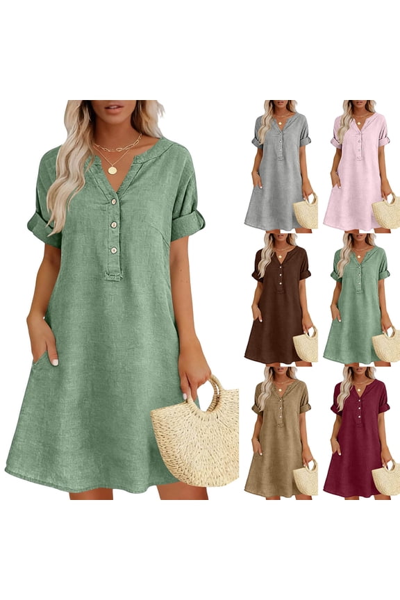 Cocktail Dress Plus Size Dresses Pastel Dress Ladies Casual V-Neck Linen Pockets Dress Short Sleeve Dress Mint Green S