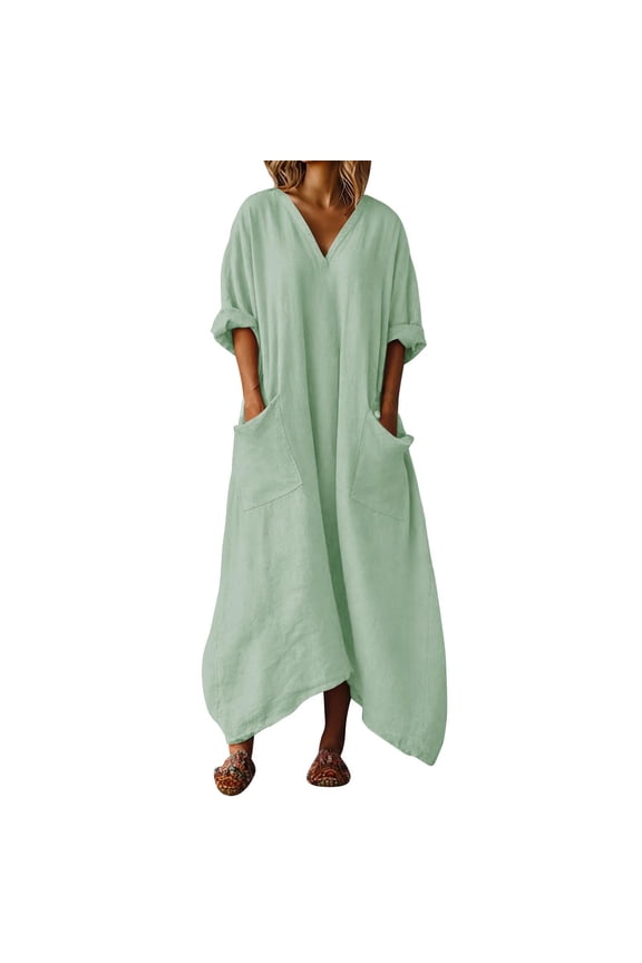 Cocktail Dress Prom Dresses Women's Color Loose Casual and Linen Irregular Hem Three-quarter Sleeve V-neck Dress with Pockets Mint Green 2X