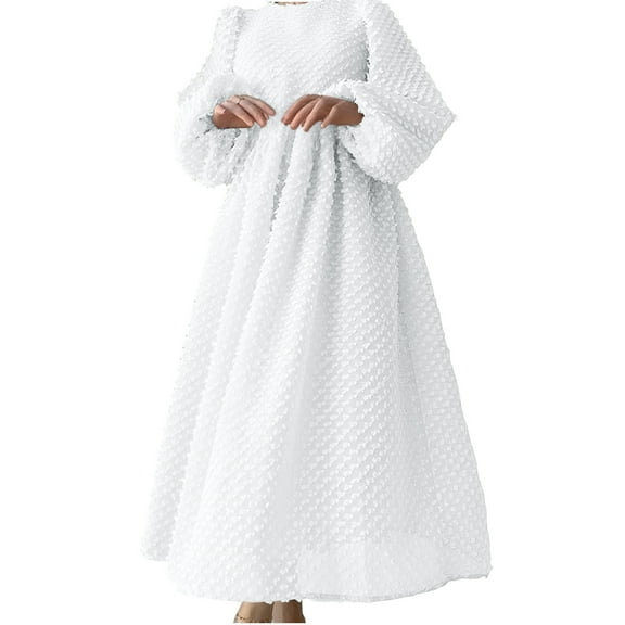 asdoklhq Cocktail Dress Womens Solid Color Round Neck Lantern Sleeve Dress White 2X