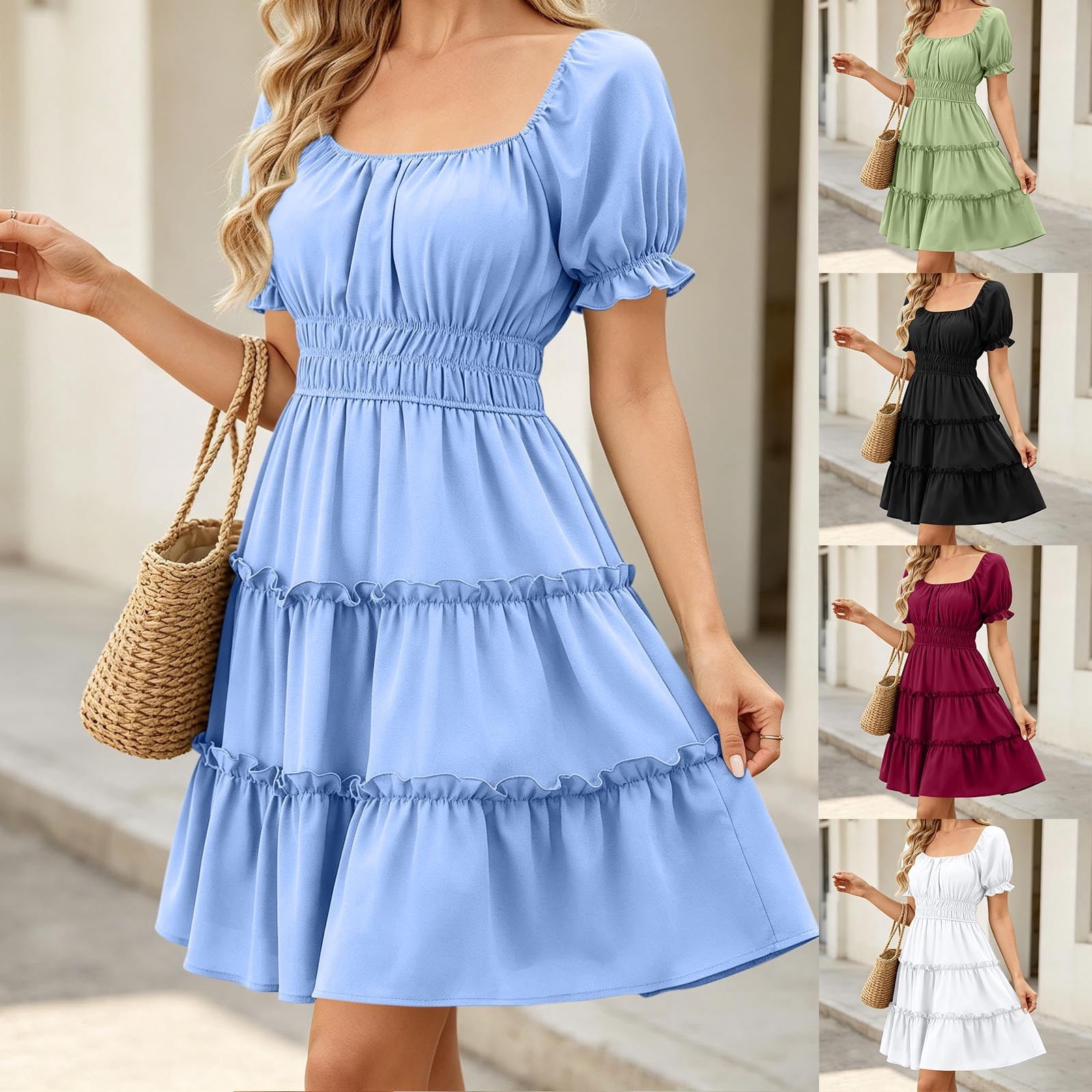 corset summer dress plus size Asdoklhq Cocktail Dress for women Plus Size Corset Pastel Smocked Trendy Summer Off Shoulder Ruffle Mini Dress Casual A Line Dress Ladeis White M,