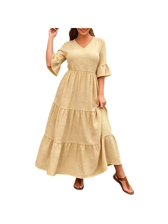 Cocktail Dresses for Ladies Pleated Formal Maxi Dress Womens Casual Tiered Midi Dress V Neck Loose Flowy Dress with Pockets Plus Size Comfortable Summer Beach Dress for Women Beige 5X