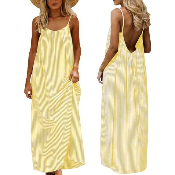 asdoklhq Cocktail Dresses for Women Maxi Dresses Summer Dress for Women Fashion Sleeveless Backless Cami Dresses Spaghetti Strap Flowy Long Sundress withback Yellow M