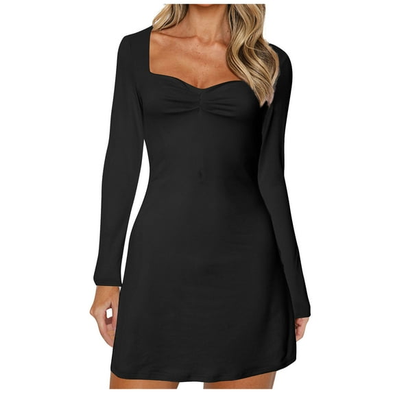 asdoklhq Cocktail Dresses for Women Spring Winter Solid Color Both Inner and Outer Wear Solid Color Long Sleeves Folded Side Split Bottom Outer Wear Dress Black M