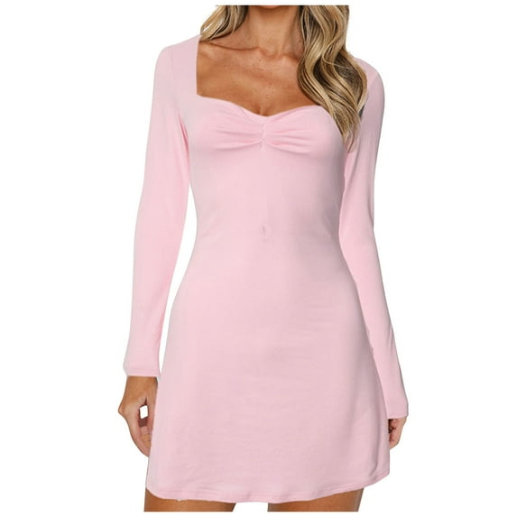 asdoklhq Cocktail Dresses for Women Spring Winter Solid Color Both Inner and Outer Wear Solid Color Long Sleeves Folded Side Split Bottom Outer Wear Dress Pink M