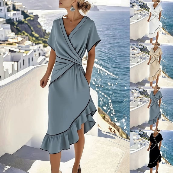asdoklhq Cocktail Dresses for Women Beach Dress Elegant Fitted V-neck Batwing Sleeves Pleated Waist Ruffled Hem Midi for Ladies Blue 2X