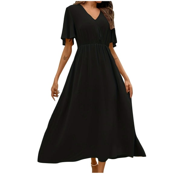 asdoklhq Cocktail Dresses for Women Fashion Solid Color Fold Short Sleeve-Neck Dress Black M