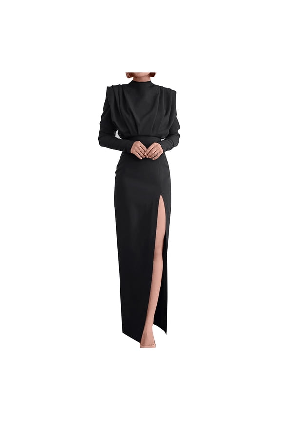 Cocktail Dresses for Women Hawaiian Dresses Fashion Women Spring Sexy Casual Round-Neck Solid Split Long Dress Black 2X