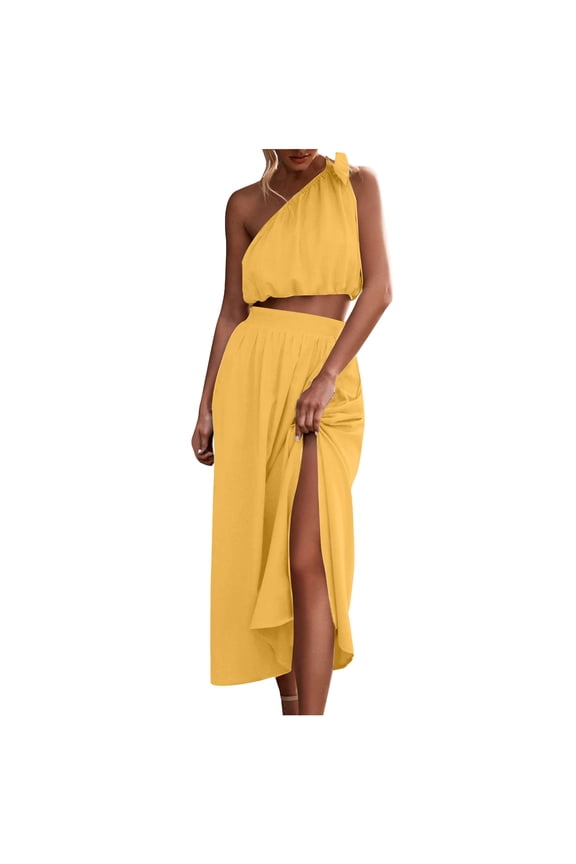 Cocktail Dresses for Women Maxi Dresses Women's 2 Piece Outfits Tie Knot One Shoulder Tank Top High Waist Side Split Maxi Skirt Yellow 2X