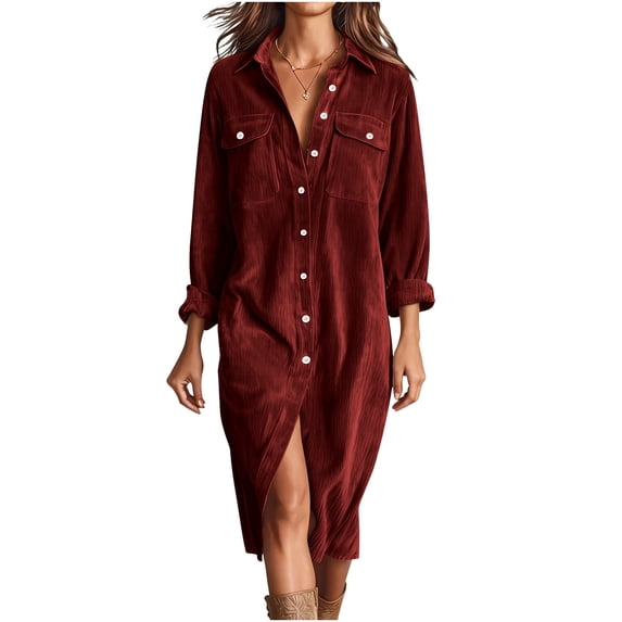 asdoklhq Corduroy Dress Women Fashion Women Casual V-Neck Button Solid Long Sleeve Mid-Calf Dress Wine XL
