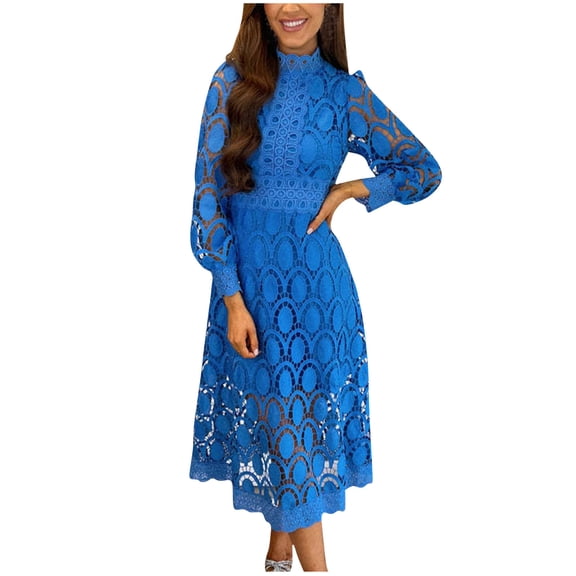 asdoklhq Corduroy Dress Women Summer Lace Sleeves Waist Wrapped Solid Round Neck Dress Dark Blue L