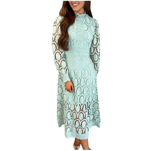 asdoklhq Corduroy Dress Women Summer Lace Sleeves Waist Wrapped Solid Round Neck Dress Green M