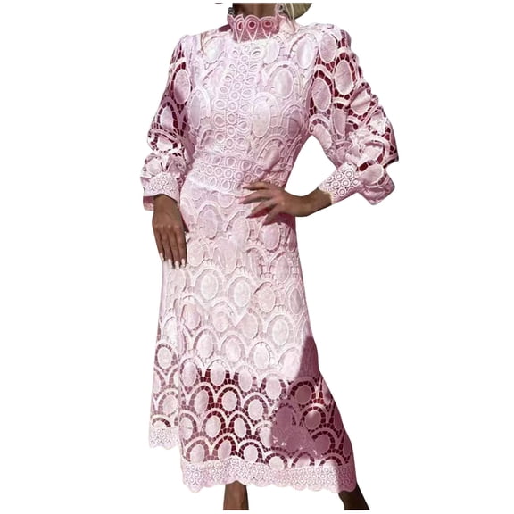 asdoklhq Corduroy Dress Women Summer Lace Sleeves Waist Wrapped Solid Round Neck Dress Pink S