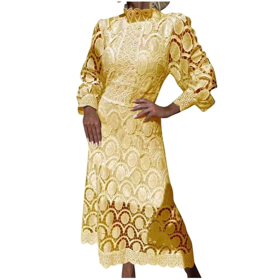 asdoklhq Corduroy Dress Women Summer Lace Sleeves Waist Wrapped Solid Round Neck Dress Yellow S