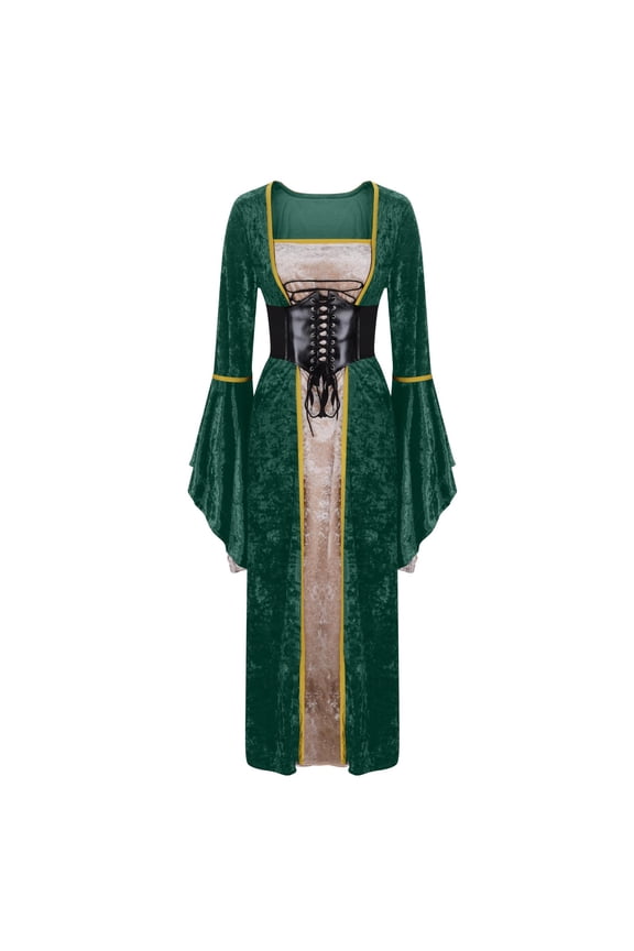 Corset Dress Medieval Renaissance Women Fashionable Casual Solid Color Bandage Long Sleeved Off Shoulder Elastic Waist Square Neck Dresses Green XL