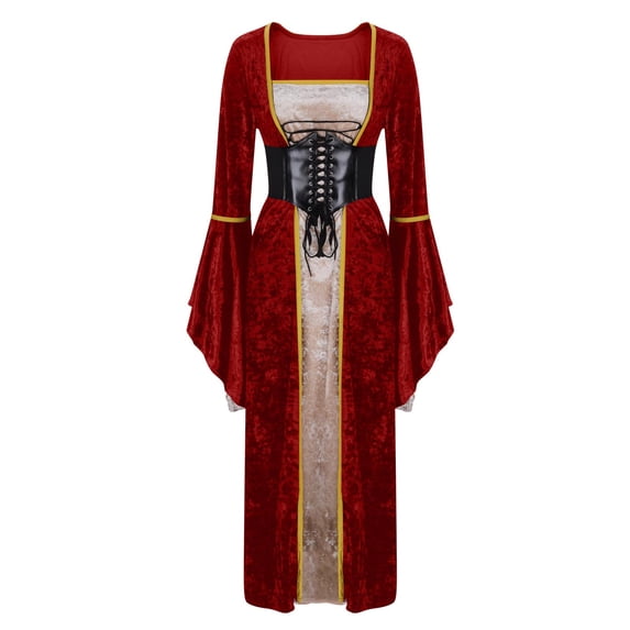 asdoklhq Corset Dress Medieval Renaissance Women Fashionable Casual Solid Color Bandage Long Sleeved Off Shoulder Elastic Waist Square Neck Dresses Wine XL